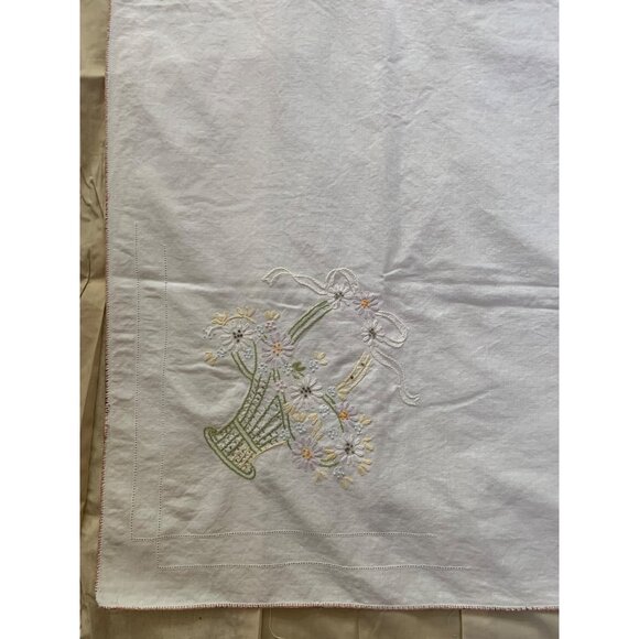 Vintage Embroidered Tablecloth with Floral Basket Design 50" x 53" White - Picture 2 of 8